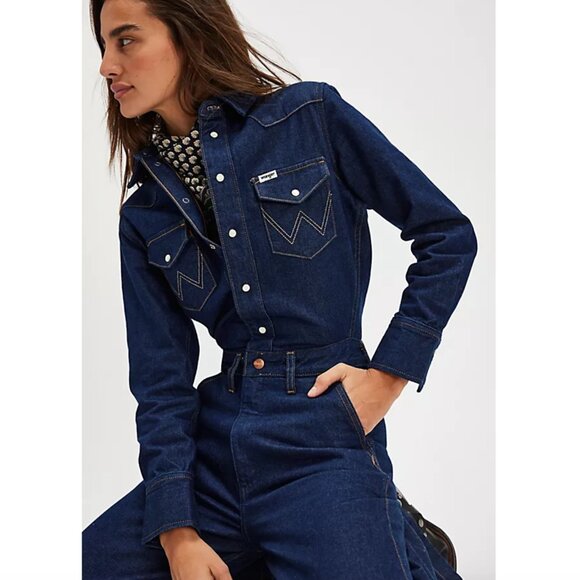 Wrangler Pants - Wrangler Trouser Coverall Jumpsuit S Blue Denim Pearl Snap Flared Leg Western
